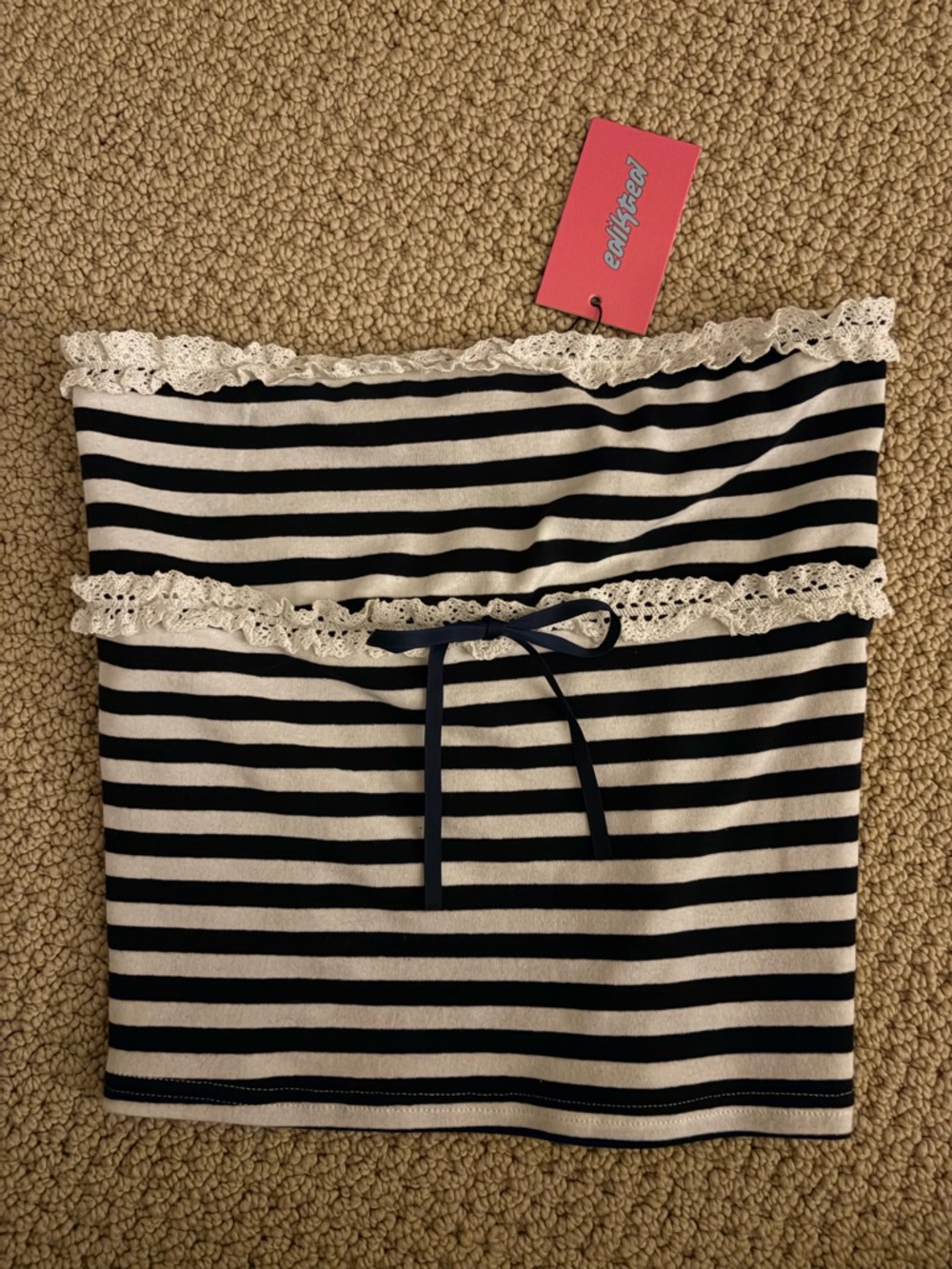 Edikted Navy & White Striped Lace-Trim Tube Top